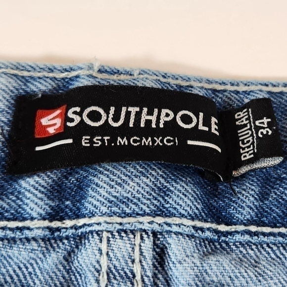 SOUTHPOLE Men 34 Denim Shorts Distressed Faded Bleached Destroyed Baggy Long Y2K - Picture 4 of 8
